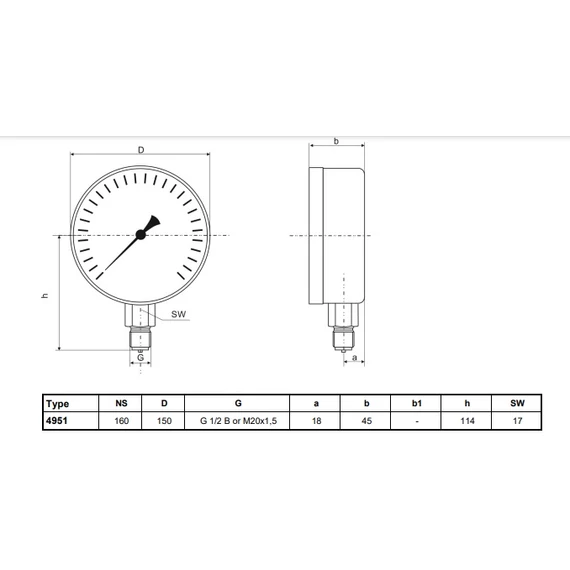 Manométer || d=160mm || 0-10bar || alsó csatlakozás || SUKU