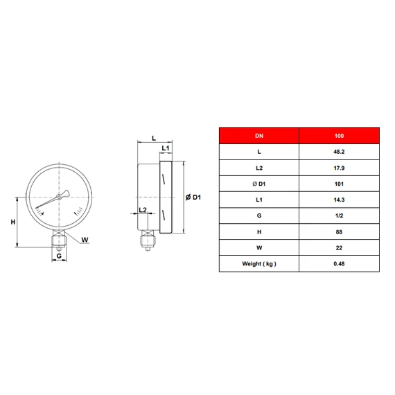 Manométer || AISI 304 ház || d=100mm || 0-400mbar || alsó csatlakozás