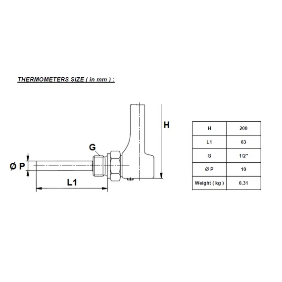 Ipari hőmérő || kis, könyök || -30 - +50°C || L=63mm || 200mm
