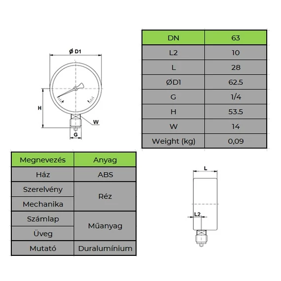 Manométer - műanyag - méret