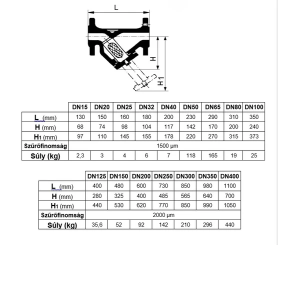 Szennyfogó szűrő || DN50 || PN16 || Ferdeállású || Öntöttvas